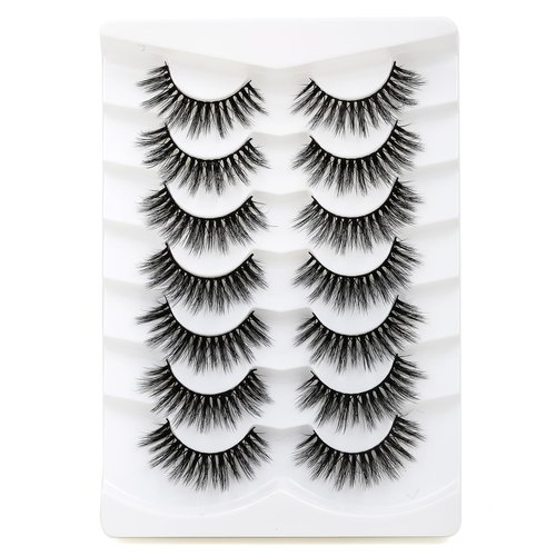 SHUYING False Eyelashes 15mm Faux Mink Lashes with Superfine Band Natural Look Fluffy Eye Lashes Strips Soft Wispy Luxury Volume Fake Eyelash 7 Pairs Pack