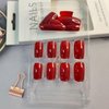 Red Press on Nails Medium Length Coffin Fake Nails Wine Red Acrylic Glue on Nails with Elegant Red Gradient Designs Full Cover Solid Color Wine Red Shiny Oil Square False Nails Set for Women 24 Pcs