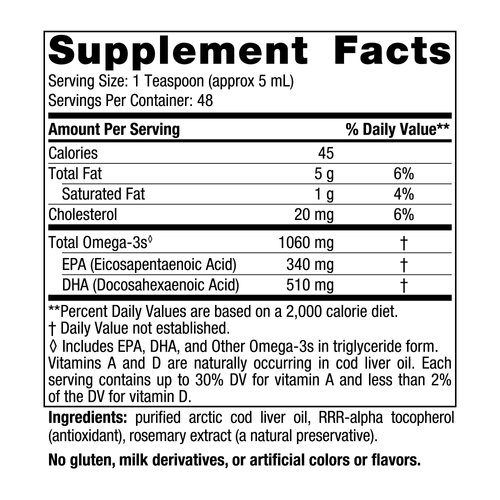Nordic Naturals Arctic Cod Liver Oil, Unflavored - 8 oz - 1060 mg Total Omega-3s with EPA & DHA - Heart & Brain Health, Healthy Immunity, Overall Wellness - Non-GMO - 48 Servings