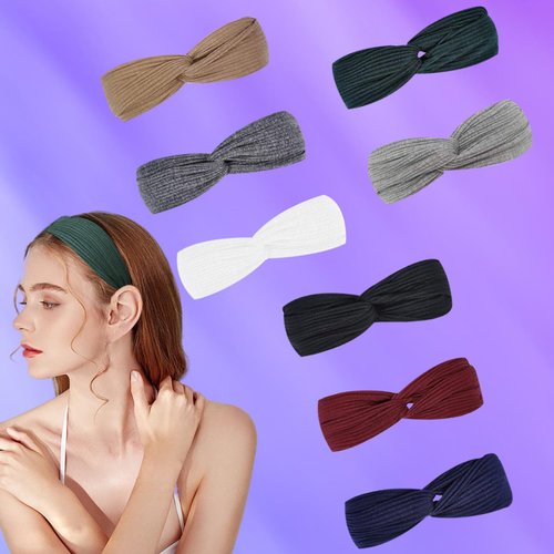AUONLY 8-Pack Women's Elastic Headbands, Girls Criss Cross Turban, Yoga Workout Vintage Hair Accessories, Headbands for Women Twist Knotted Head, Plain Headwrap， Boho Hairband,8 Colors