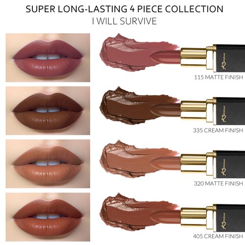 Khasana Lipstick Set. Long Lasting Lipcolor 4 Piece Gift Set. Moisturizing Formula, Infused with Vitamin E and Vitamin C. Multi Finish Lip Makeup Cream Gloss & Matte. Pack of 4 (I WILL SURVIVE)