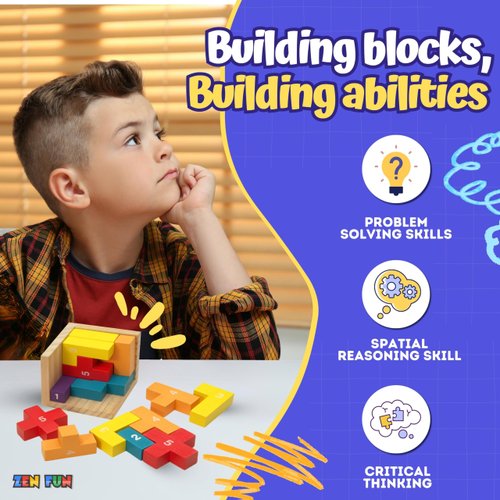 Zen Fun 3D Wooden Brain Teaser Puzzles for Kids - 20 and 40 pcs, L and T Shape Wooden Puzzle Cube, Desk Puzzle for Office Adult, 3D Block Puzzle Cubes, Wood Block Puzzle