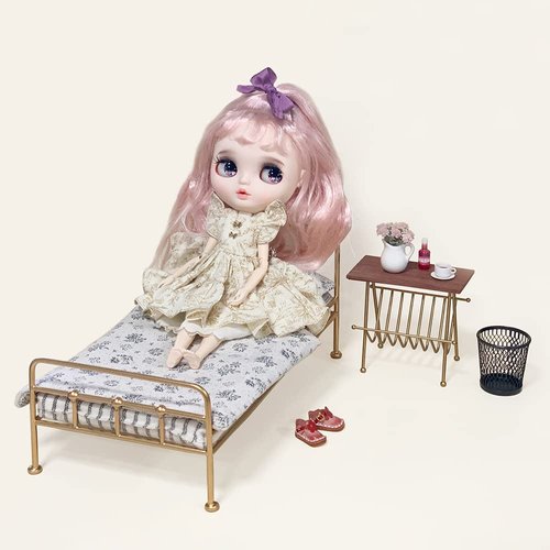 Aizulhomey Golden Dollhouse Bed Set (4pcs)-1/6 Scale Dollhouse Gold Miniature Furniture Decoration Accessories