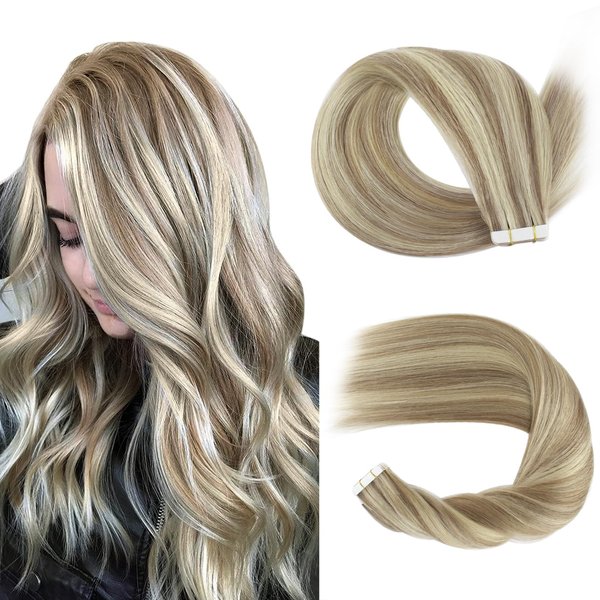 Sassina Tape in Hair Extensions Blonde Swedish Blonde and Ash Blonde Tape in Extensions Double Sided Invisible Seamless Skin Weft Tape in Real Remy Human Hair 18 Inch 50g 20pcs #P20-60