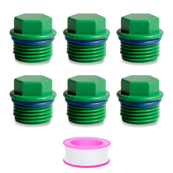 Feelers 3/4" PT Outer Hex Male Threaded PPR Pipe Plug End Cap with Teflon Tape Garden Hose Water Tubing Stopper Prevent Leakage Choke Fitting, Pack of 6, Green