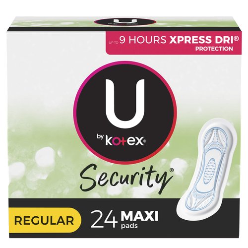 U by Kotex Security Maxi Feminine Pads, Regular Absorbency, Unscented, 24 Count
