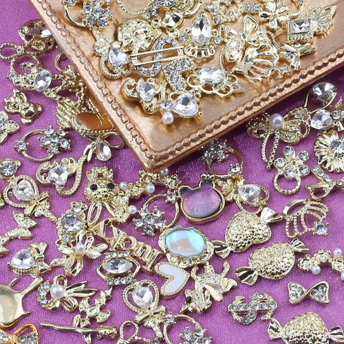 30pcs Random Gold Nail Charms Luxury Zircon Nail Rhinestones 3D Alloy Flower Butterfly Nail Art Charms Metal Snake Rabbit Heart Charms for Nails Mix Styles Nail Gems Nail Jewels for Nail Art Supplies