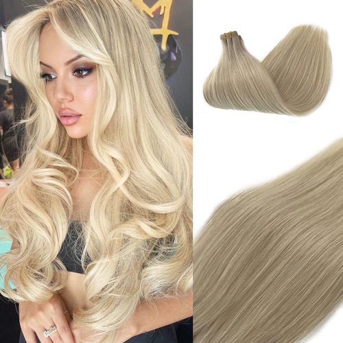 Ice White Tape in Hair Extensions Human Hair for Women,Ice White Seamless Skin Weft Tape in Soft Straight 100% Real Human Hair Extensions Tape ins Invisible Hair Extensions 14Inch Glue in Extensions