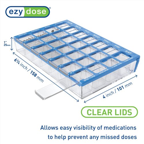 Ezy Dose Weekly (7-Day) Pill Case, Medicine Planner, Vitamin Organizer Box, Small Compartments with Easy Fill Tray, 4 Times a Day, Clear Lids, Color May Vary, BPA Free