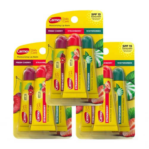 Carmex Daily Care Moisturizing Lip Balm Tubes with SPF, Fresh Cherry, Strawberry and Wintergreen Lip Balm Pack, 0.35 OZ - 3 Count (Pack of 3)