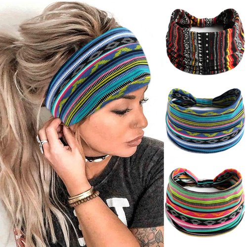 FULZTEY Boho Headbands for Women African Striped Head Bands Wide Knotted Hairbands Floral Printed Bandanas Non Slip Elastic Turban Workout Yoga Hair Wrap Trendy Hair Accessories for Girls 3Pcs