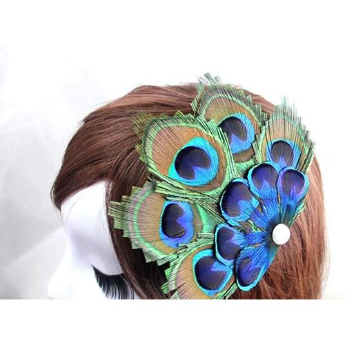 Women Bohemian Peacock Feather Hair Clip Hair Pin Elegant Fascinator Wedding Dance Party Headdress Headwear Hair Accessory Sequined Showgirl Headpiece (Style 1)