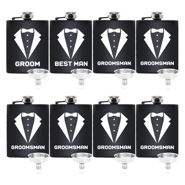 Groomsmen flasks Groomsmen Proposal Gifts, 8 PCS Stainless Steel Hip Flask 8 Oz for Bachelor Party Favors
