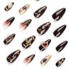IMSOHOT Almond Press on Nails Medium Brown Fake Nails with Vintage Golden Charms Designs Glossy Glue on Nails Full Cover Gel Acrylic Stiletto False Nails for Women 24Pcs