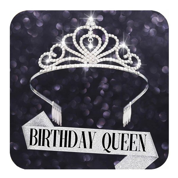 Kilshye Birthday Tiara and Sash Silver Rhinestone Tiaras Set Birthday Party Hair Accessories for Women(Queen)