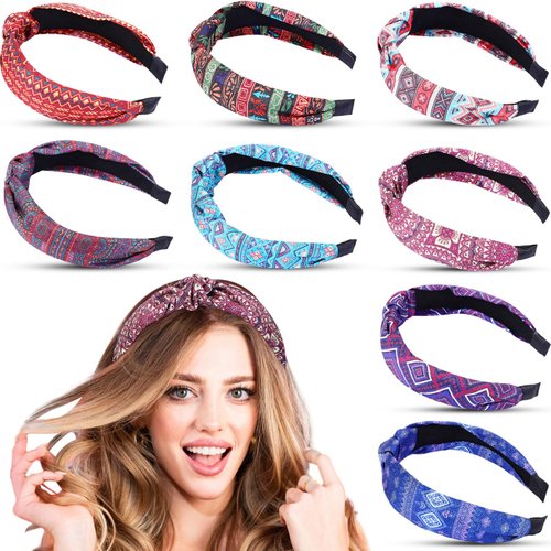 XunYee 8 Pcs Boho Headbands Embroidered Headbands for Women Wide Knotted Vintage Pattern Retro Ethnic Style Hairband Top Knot Turban Hair Band Hair Accessories for Women Girls