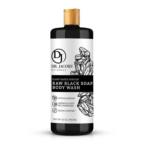 Dr Jacobs Naturals Authentic African Raw Black Soap, All-In-One Cleanser for Face Wash, Sensitive Skin Body Wash, Shampoo, Shaving Soap | Shea Butter Moisturizing and Nourishing Formula | 32oz 1pk