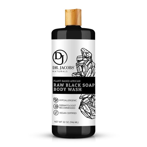 Dr Jacobs Naturals Authentic African Raw Black Soap, All-In-One Cleanser for Face Wash, Sensitive Skin Body Wash, Shampoo, Shaving Soap | Shea Butter Moisturizing and Nourishing Formula | 32oz 1pk