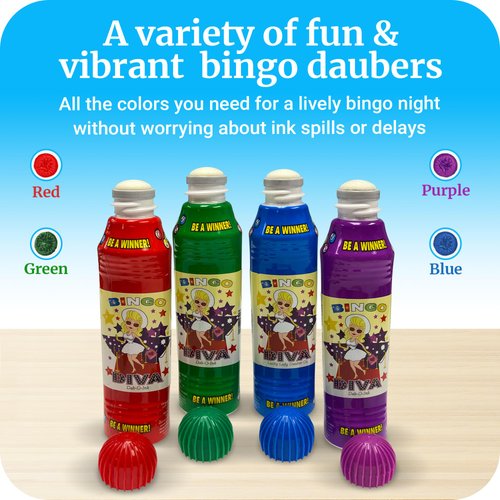BINGO DIVA! Bingo Daubers for Adults - 4-Pack Assorted Colors Bingo Markers - Smooth & Even Application, Non-Drip & Quick-Dry Formula Bingo Dotters, Bingo Accessories - Made with Dab-O-Ink