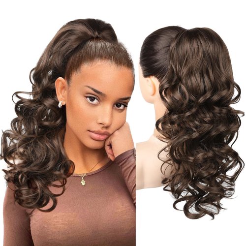 REECHO Ponytail Extension, 18 inch Wavy Drawstring Ponytail Hair Extension for Women, Natural Synthetic Fake Pony Tails Hair Extensions Clip in Hairpiece for Women, Medium Brown