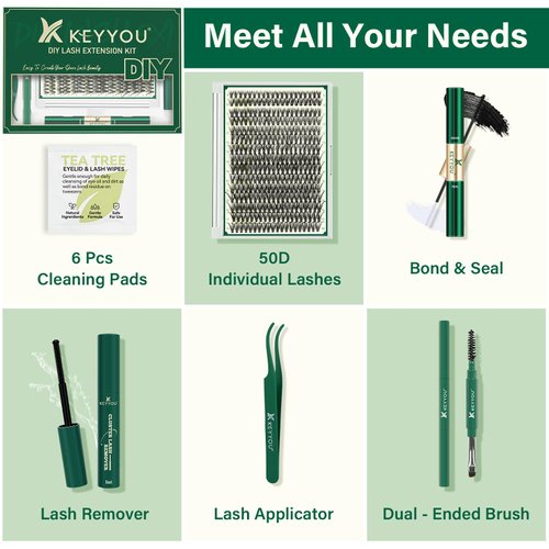 DIY Lash Extension Kit KEYYOU 300Pcs Individual Eyelash Extension Kit 50D 0.07D Curl 9-18MIX Lash Clusters Kit with Lash Glue Remover Applicator Easy to Use for Beginners(Kit-50D-0.07D,9-18MIX)