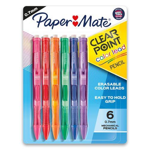 Paper Mate Clearpoint Colored Mechanical Pencils 0.7mm Lead Pencil, Assorted Color Pencil Leads, Drawing Pencils, Sketching Pencils, Art Supplies, Drawing Supplies, Black Barrel, Refillable, 6 Pack