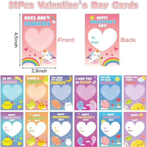 Haooryx Valentine's Day Cards with Mochi Toys Glow in The Dark Squeeze Mochi Toys Mini Kawaii Animals Stress Relief Anxiety Toys for Kids Valentine Party Favors Classroom Gift Exchange School Prize