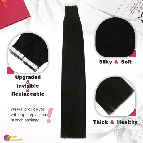Moresoo Tape in Hair Extensions Black Human Hair Tape in Extensions Natural Black Hair Extensions Real Human Hair Tape in Invisible PU Tape in Hair Extensions Human Hair 20 Inch #1B 20pcs 50g