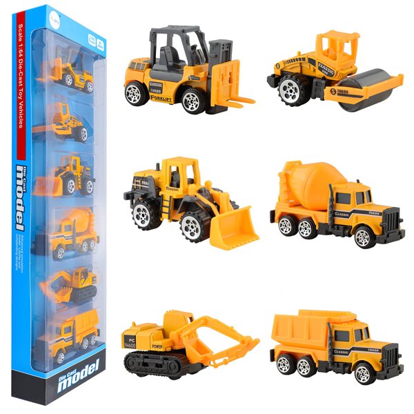 BenRich 6 Pcs Mini Die Cast Car Set 1/64 Scale Alloy Construction Trucks - Dump Truck, Excavator, Forklift, Road Roller, Bulldozer, Mixer Truck - Toy Cars for Kids Boys Girls Birthday Xmas Present