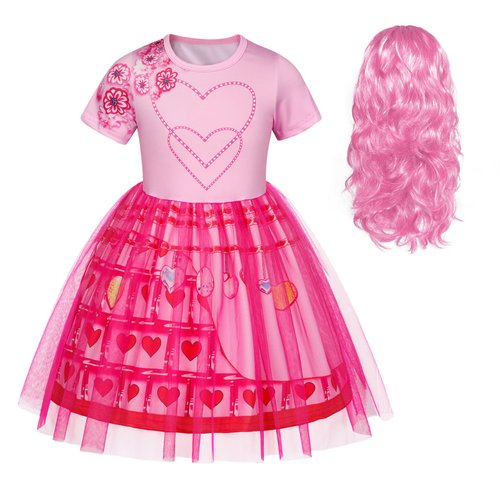 Sukyfecde Rise of Red Queen of Hearts Costume Bridget Dress with Pink Wig Girls Descendants Cosplay Clothes Halloween Costumes Outfit Size 10