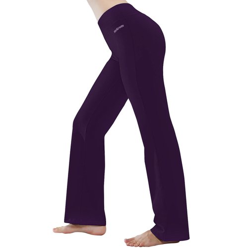 HISKYWIN Inner Pocket Yoga Pants 4 Way Stretch Tummy Control Workout Running Pants, Long Bootleg Flare Pants HF2-Dark Magenta-XL