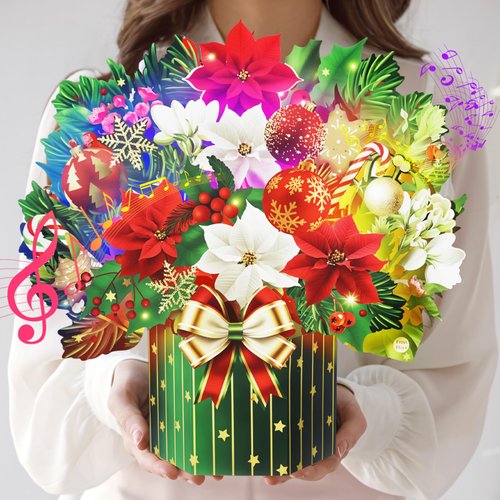Yinqing Christmas Cards, Light and Music Merry Christmas Cards, 13 Inch Life Sized Forever Flower Bouquet 3D Pop Up Christmas Cards for Women Wife Mom Daughter Sister