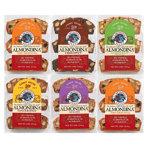 Almondina Almond Cookies, Variety Pack Flavors, Non-Dairy and Kosher Thin Cookies, Toasted with Natural Ingredients, Sweet and Crunchy Biscotti Snack, 4-Ounce Package (Pack of 6)
