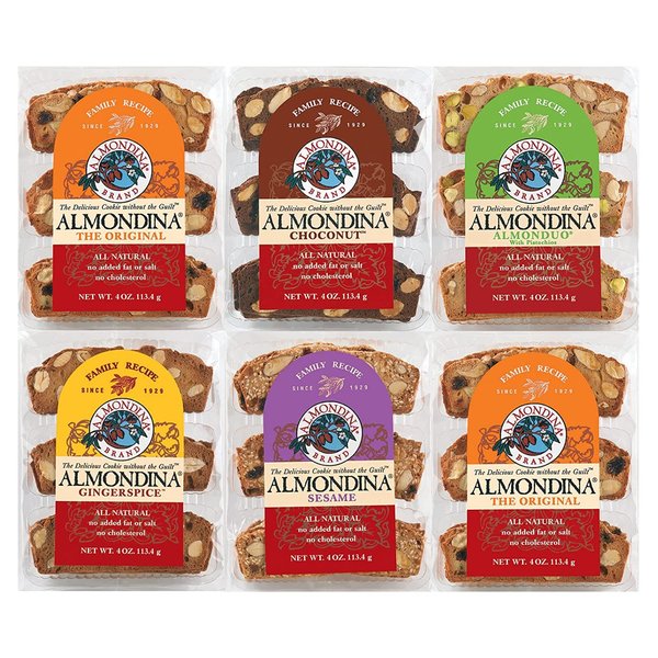 Almondina Almond Cookies, Variety Pack Flavors, Non-Dairy and Kosher Thin Cookies, Toasted with Natural Ingredients, Sweet and Crunchy Biscotti Snack, 4-Ounce Package (Pack of 6)