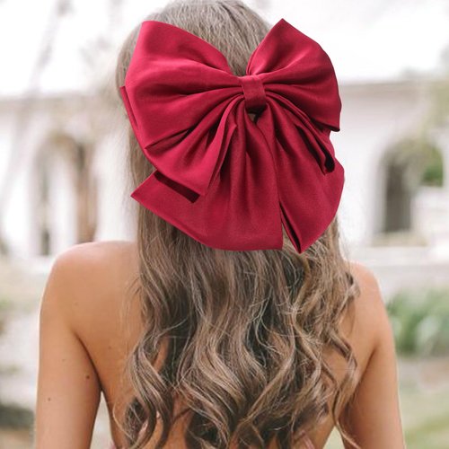 VOBOBE 2PCS Big Hair Bows for Women Girls, Black Red Satin Hair Bow Hair Clips Hair Accessories Barrettes for Adult Girls (Black+Red)