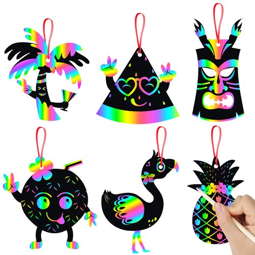 WATINC 60 pcs Hawaiian Scratch Cards Art Set for Kids and Adults, DIY Rainbow Color Card Art Craft Kit, Decorations Favor Ornaments for birthday party home or school, 6 Styles with Ribbon &Wood Stylus