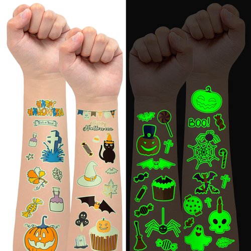 EMOME Glow Halloween Temporary Tattoos Kids, Pumpkin Ghosts Fake Luminous Tattoos Stickers, Halloween Party Supplies Favors Decoration for Kids Boys Girls (12 Sheets)