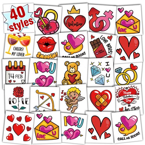 Partywind 40 PCS Valentine's Day Temporary Tattoos, Valentines Day for Kids Classroom, Valentines Party Supplies Favors, Heart Decorations Accessories for Party