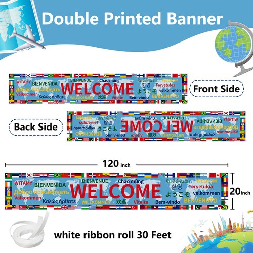 Arosche International Welcome Banner 120" x 20" World Flags Yard Sign Country Flags Banner Multicultural Backdrop Party Supplies for Indoor Outdoor Lawn,Fence, Home,Sports,Events,Bar Decorations