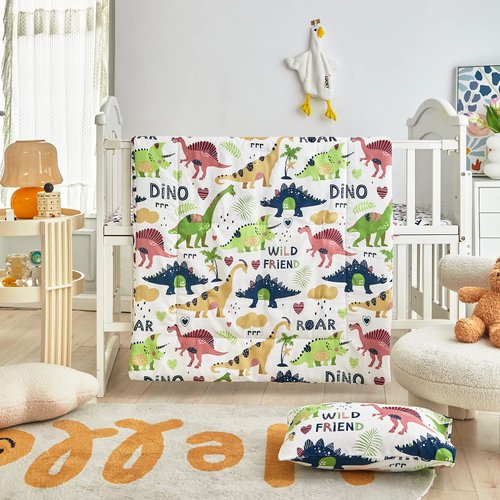 Dinosaur Crib Bedding Set - 3 Pieces White Dino Baby Quilted Crib Comforter with Crib Fitted Sheet and Crib Skirt for Boys Girls Cute Colorful Baby Bed Set with Red Green Brown Navy Dinosaurs