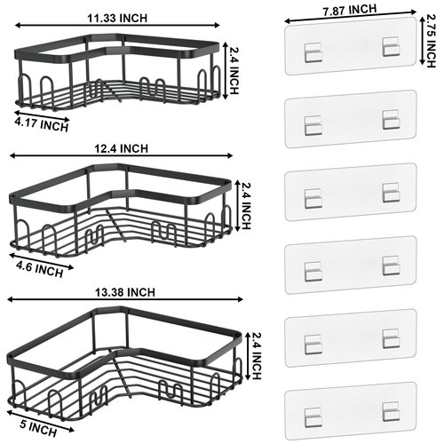 Menbyci 3 Pack Corner Shower Caddy, Stainless Steel Corner Shower Shelf with 18 Hooks, Adhesive Shower Shelves Shower Organizer Corner for Bathroom Storage (Black)