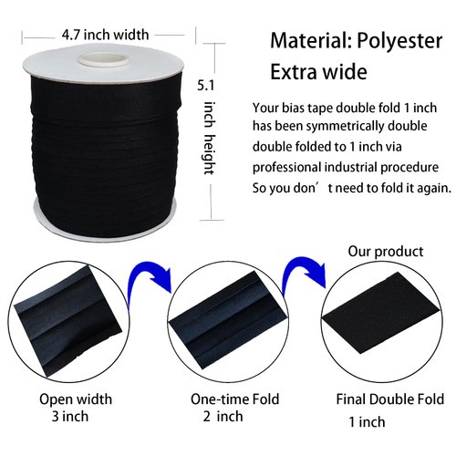 Bias Tape, Double Fold Bias Tape 1 Inch Continuous Bulk Bias Tape for Sewing, Quilting, Binding, Hemming, Apparel Craft, Polyester, Non-Stretch(Black, 25mm, 55 Yards)