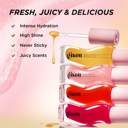 Gisou Honey Infused Hydrating Lip Oil, Nourishing Lip Moisturizer for Dry Lips, High Shine, Smooth Finish, Sheer Pinky Red Shade, Juicy Strawberry Scent, Strawberry Sorbet, 8ml