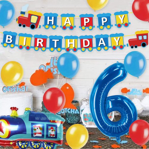 JOPARY Train 6th Birthday Decorations,Train 6 Years Old Birthday Party Supplies With Number 6 Foil Balloons, Train Birthday Banner, Latex Balloons For Kids Train Birthday Party Decoration