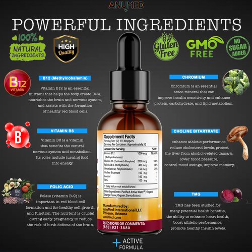 ANUMED - Lipotropic Complex Liquid Drops with Vitamin B12, B6, Folic Acid, Choline, Inositol for Liver Health, Natural Cleanser, Detox + Boosts Natural Energy Levels. Vegan, Non-GMO, Gluten-Free (2oz)