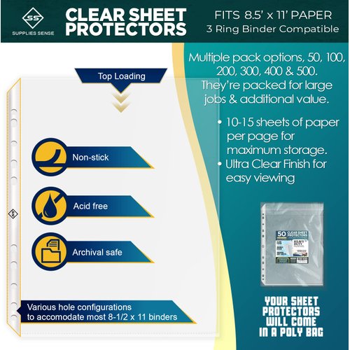 Sheet Protectors for 3 Ring Binder - 50 Premium Clear Plastic Page Protectors for 3 Ring Binder - Sleeves 8.5 x 11 for Paper & Documents
