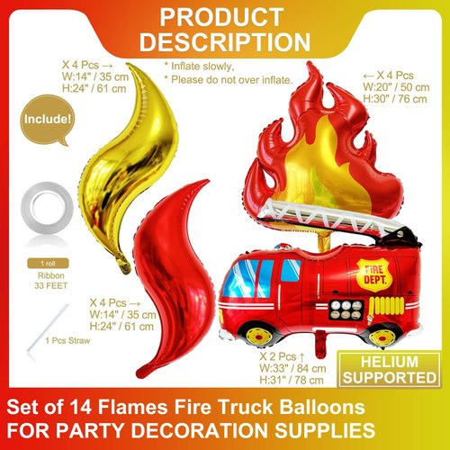 14 Pcs Fire Balloons Flame Balloons Fire Truck Balloons Set,Giant Flame Balloons for Fire Theme Party Decorations Fireman Birthday Supplies