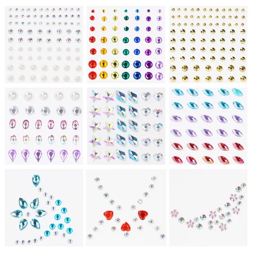 URAQT Face Gems Glitter, 9 Sheets Face Rhinestones Mermaid Jewels Face Stickers Set, Self-adhesive Crystal Rainbow Diamonds Eyes Face Body Temporary Tattoos for Women Makeup Party Decorations