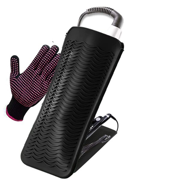 Curling Iron Mat, Heat Resistant Silicone Pouch with Styling Glove for Hair Straightener, Flat Irons, 8.7” x 5.2” Silicone Bump Glove, 11” x 6” Food Grade Silicone Mat Pouch, Black
