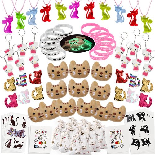 foci cozi 84 Pack Meow Cat Party Favors Supplies-Cat Necklaces,Bracelets, Keychains, Hair Clips, Tattoos,Brooch, Gift Bags Kids Girls Goodie Bags Birthday Party Supplies